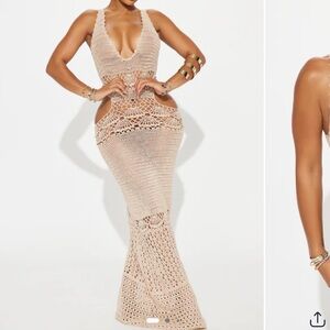 Fashion Nova Tan Crochet Maxi Dress